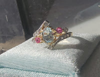 18k gold two tone aquamarine, diamond & ruby estate ring