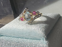18k gold two tone aquamarine, diamond & ruby estate ring
