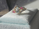 18k gold two tone aquamarine, diamond & ruby estate ring