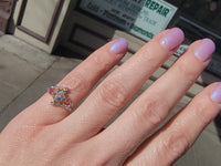 18k gold two tone aquamarine, diamond & ruby estate ring