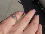 18k gold two tone aquamarine, diamond & ruby estate ring