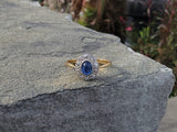 18ct gold & platinum two tone vintage cabochon blue sapphire & diamond antique ring