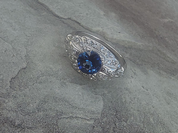 platinum Art Deco estate blue sapphire & diamond ring