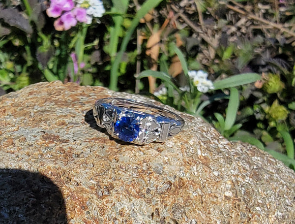 14k white gold blue sapphire filigree vintage c.1920's ring