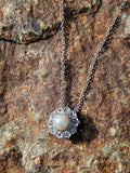 platinum top & 14k gold Edwardian pearl & diamond halo slide pendant necklace lavaliere