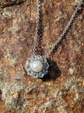platinum top & 14k gold Edwardian pearl & diamond halo slide pendant necklace lavaliere