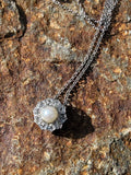 platinum top & 14k gold Edwardian pearl & diamond halo slide pendant necklace lavaliere
