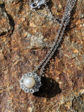 platinum top & 14k gold Edwardian pearl & diamond halo slide pendant necklace lavaliere
