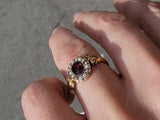 9ct gold Edwardian pearl & garnet halo ring - hallmarks