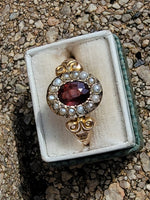 9ct gold Edwardian pearl & garnet halo ring - hallmarks