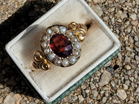 9ct gold Edwardian pearl & garnet halo ring - hallmarks