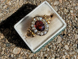 9ct gold Edwardian pearl & garnet halo ring - hallmarks