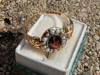 9ct gold Edwardian pearl & garnet halo ring - hallmarks