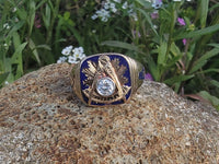 14k gold two tone Deco diamond & enamel Masonic ring - 1956
