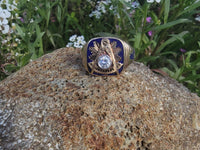 14k gold two tone Deco diamond & enamel Masonic ring - 1956