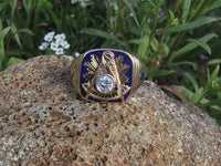 14k gold two tone Deco diamond & enamel Masonic ring - 1956