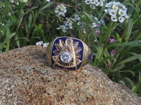 14k gold two tone Deco diamond & enamel Masonic ring - 1956
