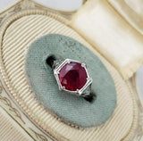 Platinum Burma Ruby filigree c.1920's tulip flower ring