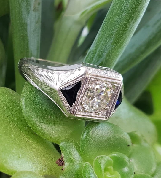 14k white gold c.20's Art Deco Men's .98ct European cut diamond & sapphire Ring
