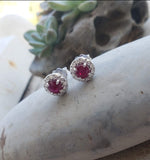 14k white gold Ruby & Diamond Deco style scroll studs
